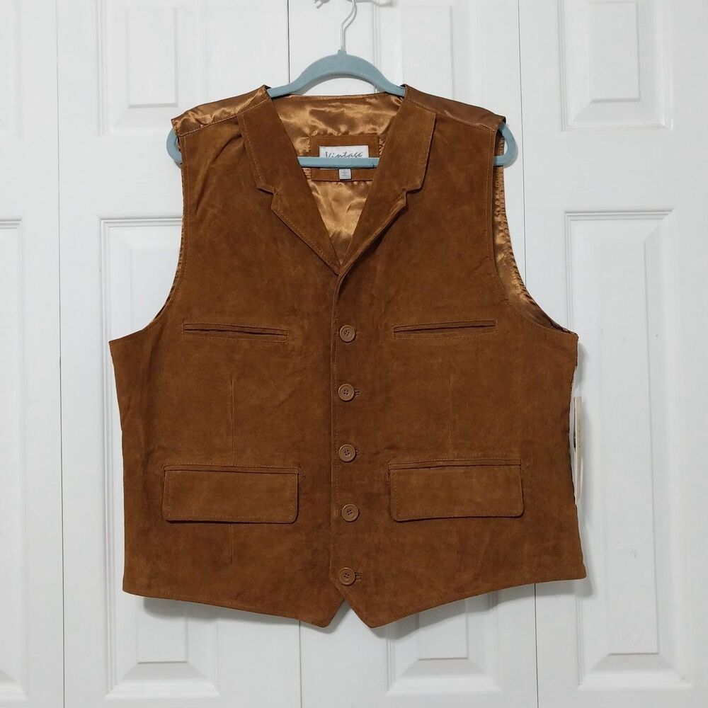 Vintage Leather Waistcoat Western Vest Men's Large Brown Leather Lined New NWT